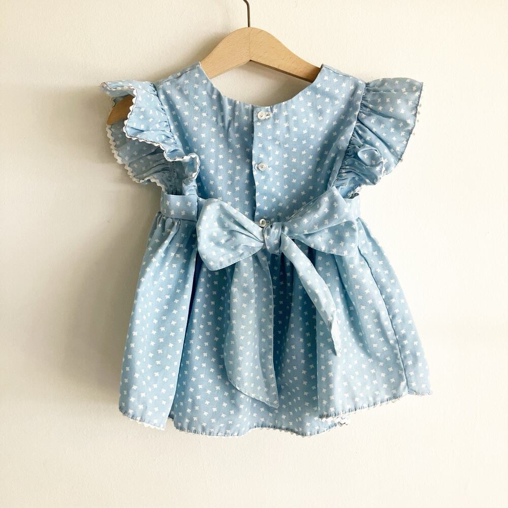 VTG Girls 2T Tulip Dress Applique Ruffle Pintuck Buttons Tie Blue Print 70s 80s - Picture 3 of 6